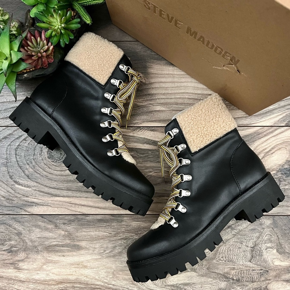 NIB Steve Madden Aniko Faux Fur Lace Up Faux Leather Winter Combat Boots